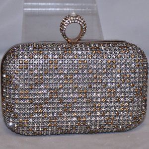 New Crystal "Ring" Top Closure Minaudiere Purse Evening Bag Handbag w Chain